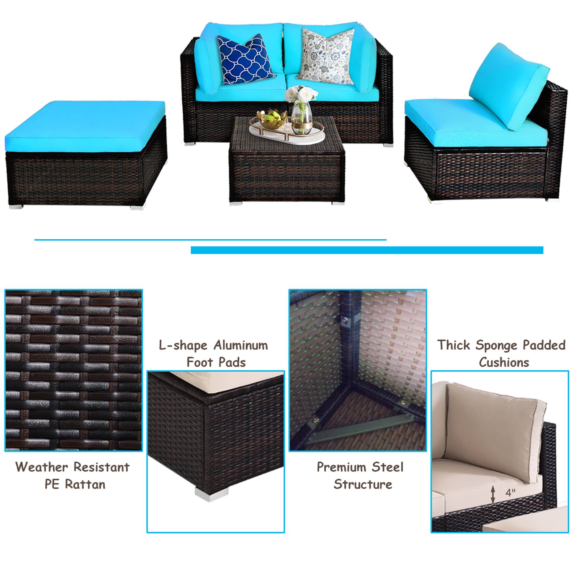 - L-shape Aluminum Foot Pads
- Thick Sponge Padded Cushions
- Weather Resistant PE Rattan
- Premium Steel Structure