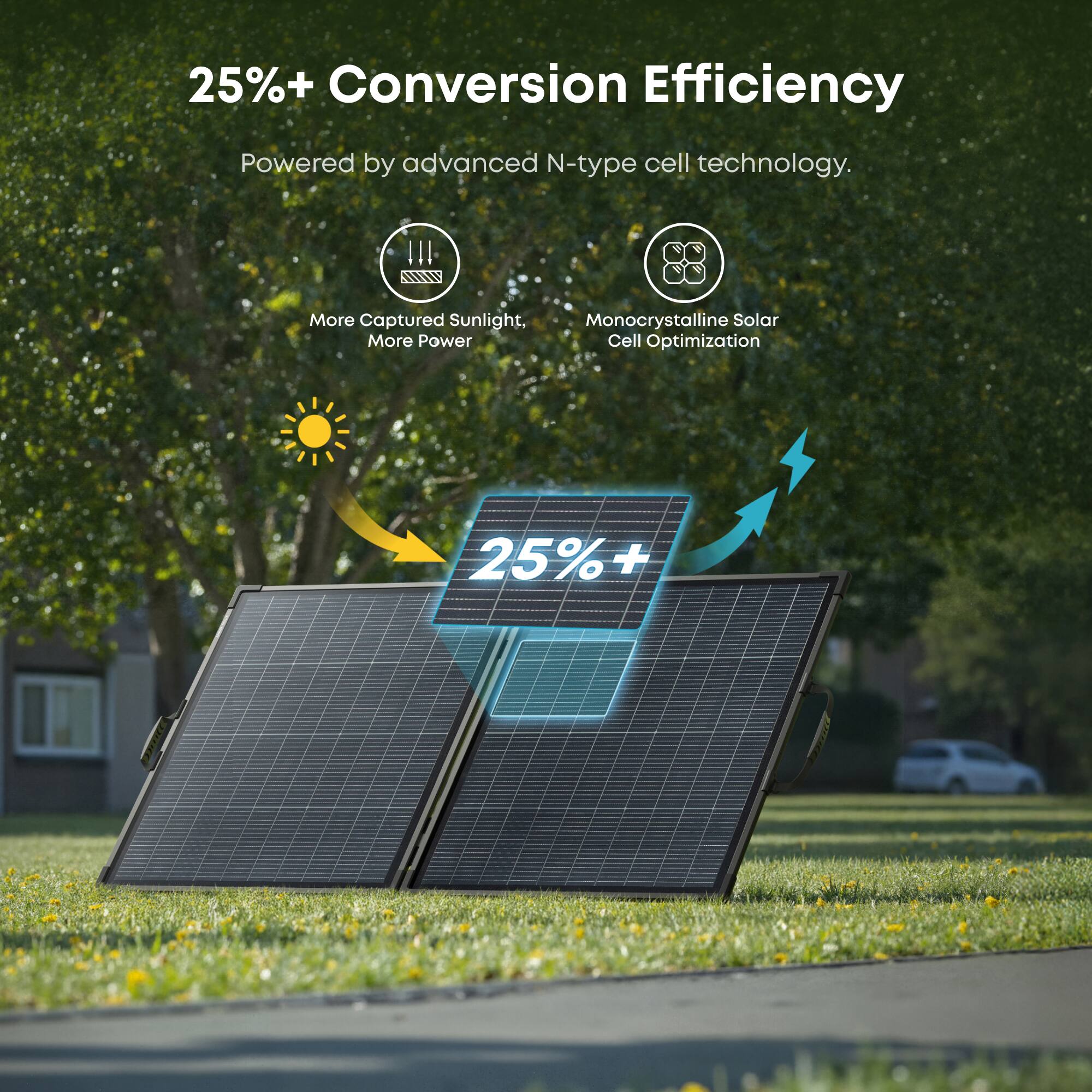 25%+ Conversion Efficiency  
Powered by advanced N-type cell technology.  
More Captured Sunlight, More Power  
Monocrystalline Solar Cell Optimization