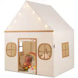 Costway - Kids Play Tent with Padded Mat, Star Lights, Side Storage Bags, Door & Windows - Brown
