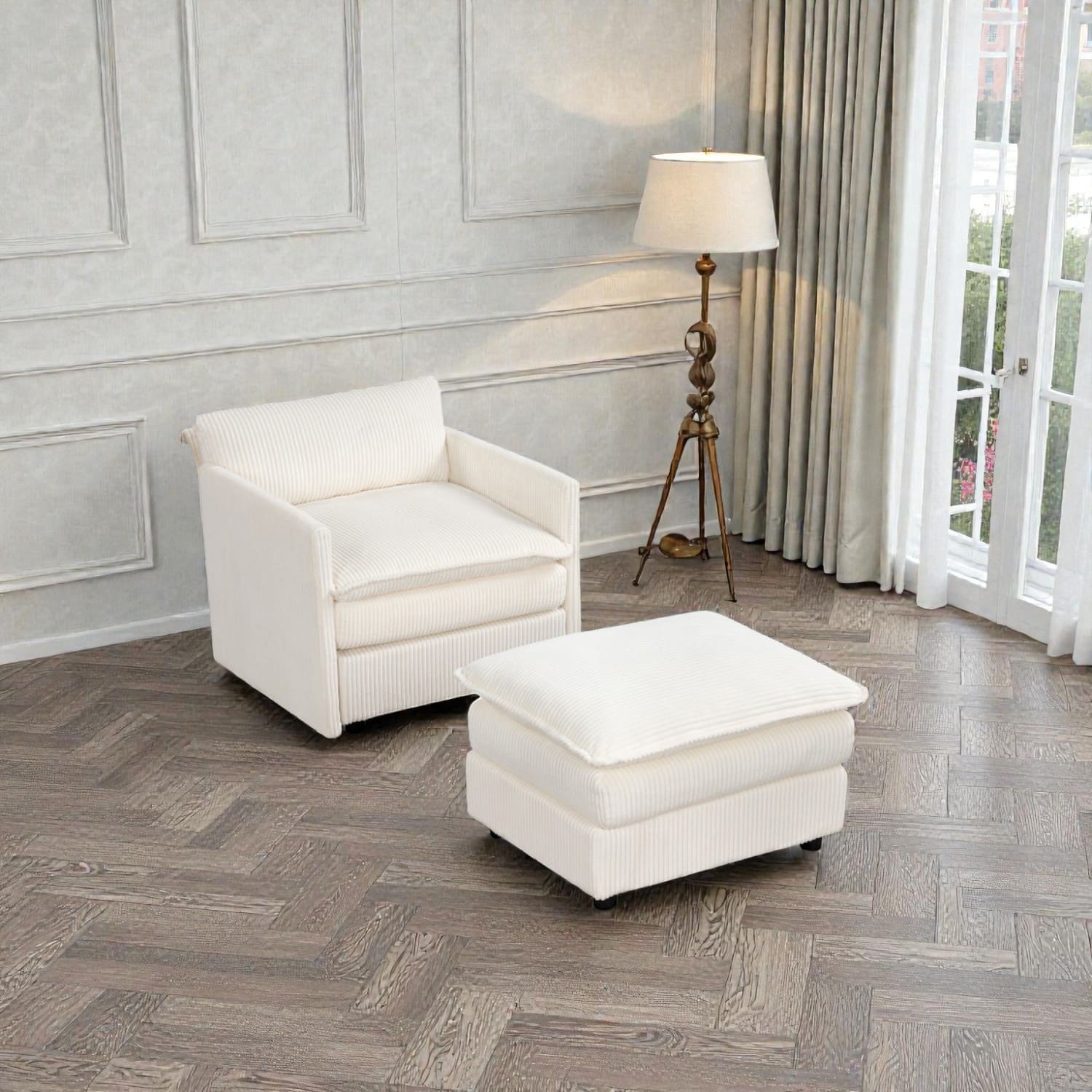 Hivvago - Plush Corduroy Oversized Armchair with Matching Ottoman - Beige