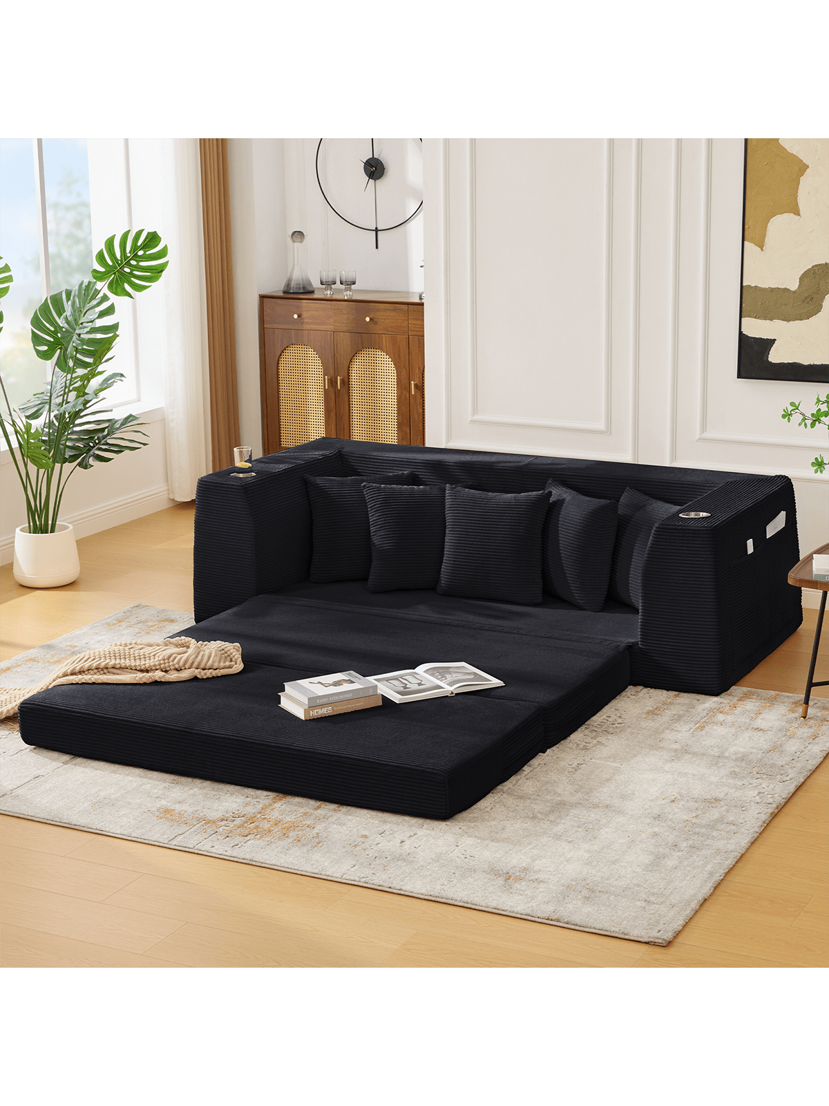 Alt View 1. Trinkets Crazed - 82.25" Convertible Sofa Bed, Loveseat Sleeper Sofa, 2 In 1 Sofa, Corduroy Pull Out Sofa Bed, 5 Pillows, Side Pocket - Black.