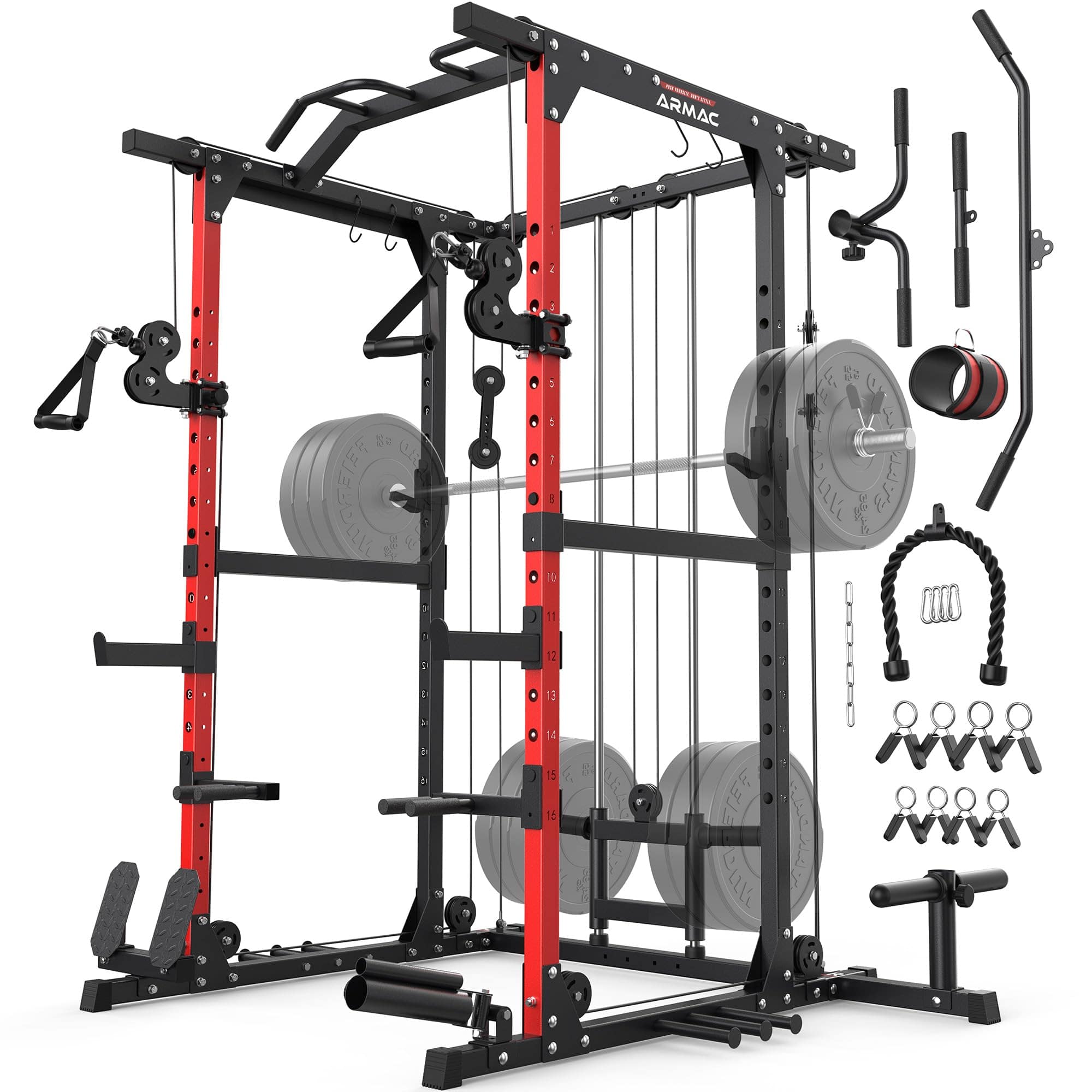 ARMAC - Power Cage,1500lbs Multi-Function Power Rack with Adjustable Cable Crossover System and More Training Attachment - ‎black+red