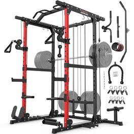 ARMAC - Power Cage,1500lbs Multi-Function Power Rack with Adjustable Cable Crossover System and More Training Attachment - black+red