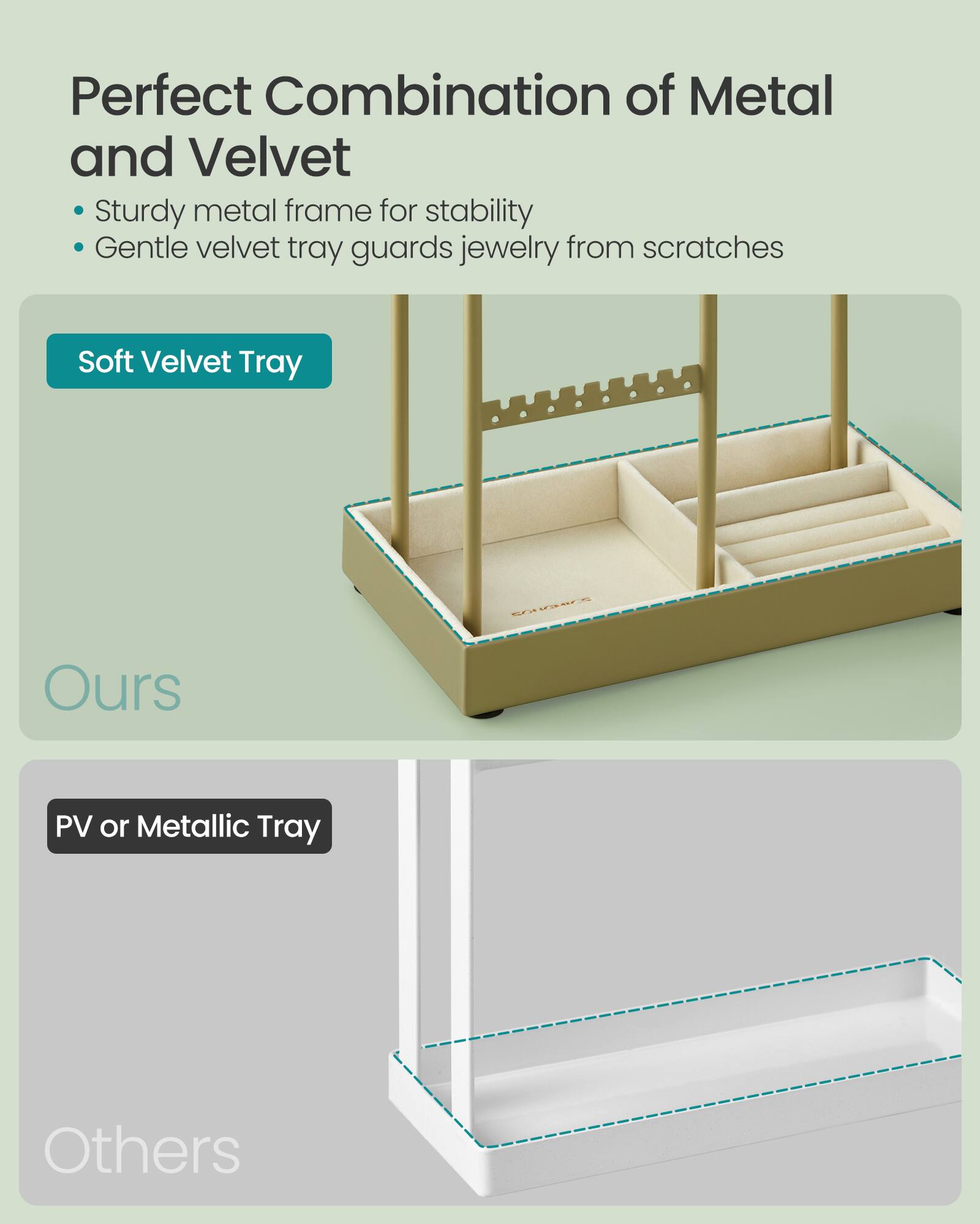 Perfect Combination of Metal and Velvet  
Sturdy metal frame for stability  
Gentle velvet tray guards jewelry from scratches  

Soft Velvet Tray  
Ours  

PV or Metallic Tray  
Others
