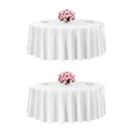 Front. VEVOR - White Round Tablecloths 2 Pack, 120 Inches in Diameter, Stain- & Wrinkle- Resistant, Machine Washable Table Clothes - White.