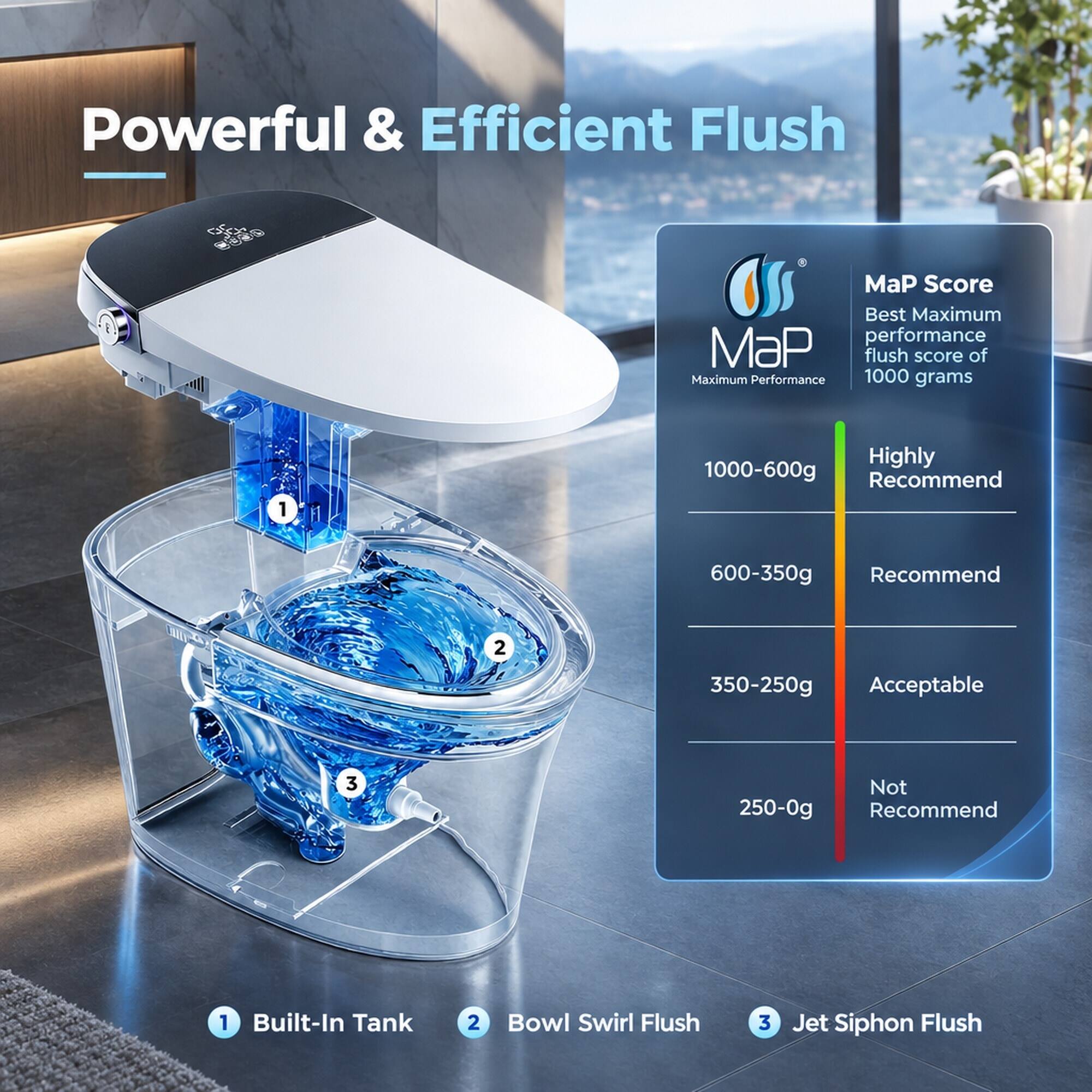 Powerful & Efficient Flush

DC 96,
MaP Score Best Maximum performance MaP flush score of Maximum Performance 1000 grams

1000-600g Highly Recommend
600-350g Recommend
350-250g Acceptable
250-0g Not Recommend

1 Built-In Tank
2 Bowl Swirl Flush
3 Jet Siphon Flush