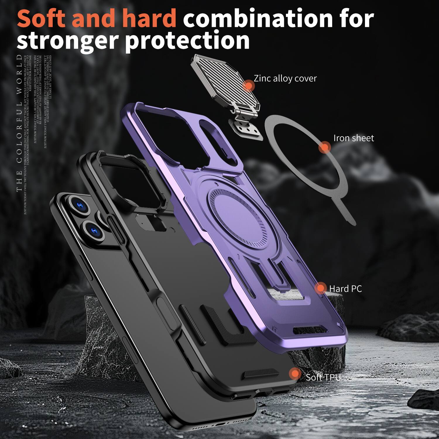 Soft and hard combination for stronger protection

Zinc alloy cover

Iron sheet

Hard PC

Soft TPU