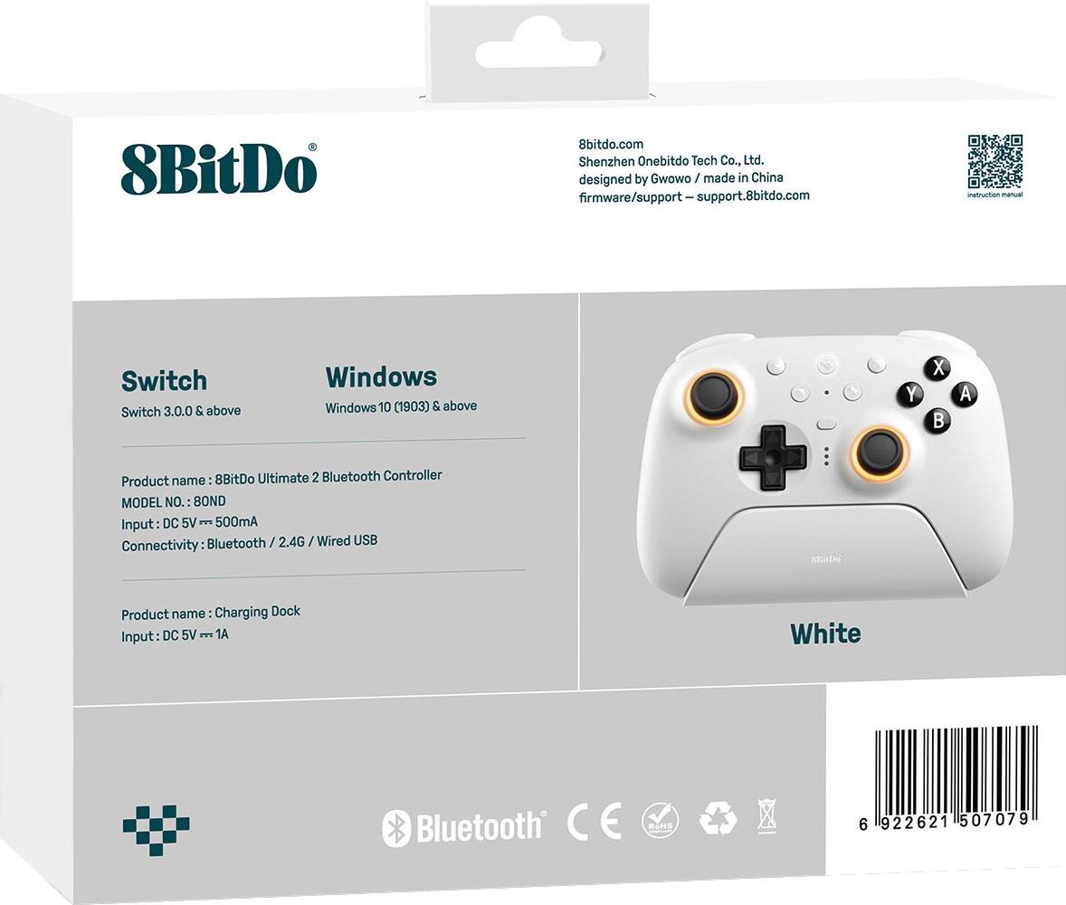 8BitDo  
8bitdo.com  
Shenzhen Onebitdo Tech Co., Ltd.  
designed by Gwowo / made in China  
firmware/support - support.8bitdo.com  

Switch  
Switch 3.0.0 & above  

Windows  
Windows 10 (1903) & above  

Product name: 8BitDo Ultimate 2 Bluetooth Controller  
MODEL NO.: 80ND  
Input: DC 5V - 500mA  
Connectivity: Bluetooth / 2.4G / Wired USB  

Product name: Charging Dock  
Input: DC 5V - 1A  

White  

Bluetooth  
CE  
RoHS  

6922621507079