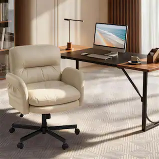 Bestier - Ergonomic Office Chair PU Leather with Flip-Up Arms, Criss Cross Chair with Wheels & Backrest Desk Chair for Home Office - Off White