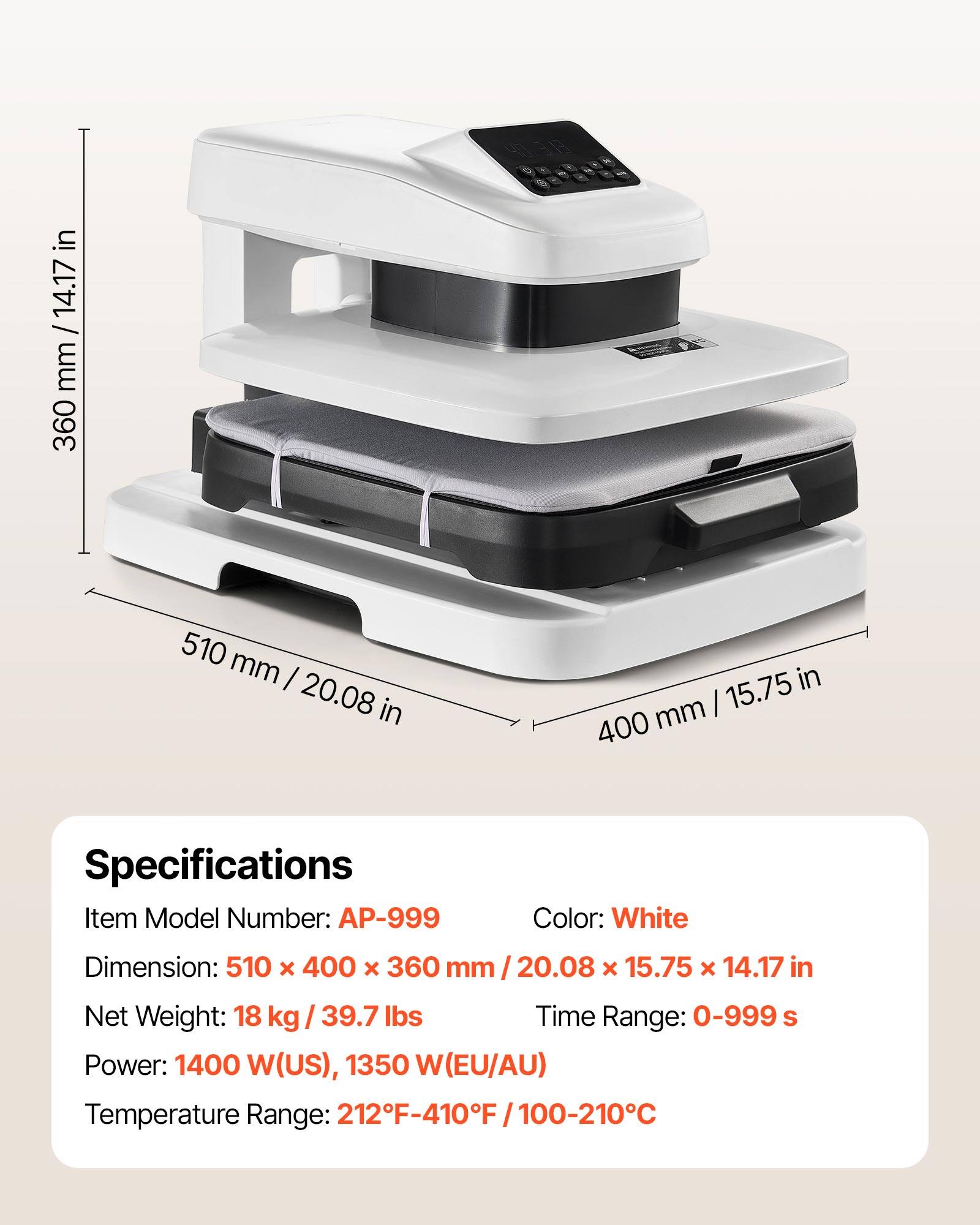 in mm/ 14.17 ir 14.17 mm 360 510 mm I 20.08 in 15.75 in mm | 400 Specifications Item Model Number: AP-999 Color: White Dimension: 510 x 400 x 360 mm I 20.08 x 15.75 x 14.17 in Net Weight: 18 kg 39.7 lbs Time Range: 0-999 S Power: 1400 W(US), 1350 W(EU/AU) Temperature Range: 212F-410F/100- I 100-210C