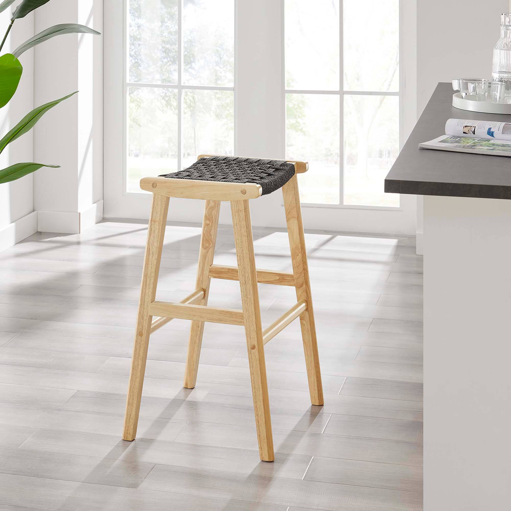 Alt View 4. Modway - Saoirse Woven Rope Wood Bar Stool Set of 2 - Black.