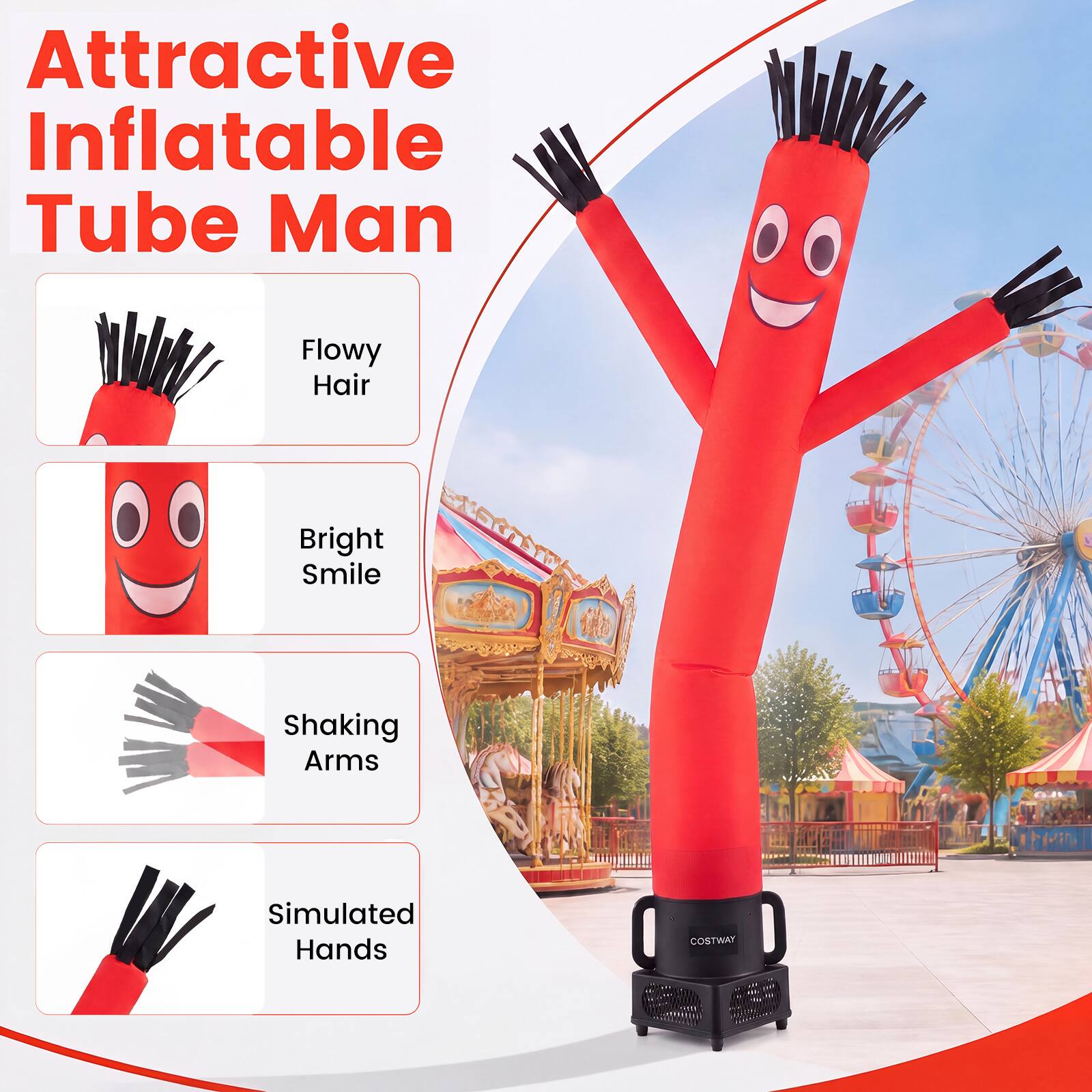 Attractive Inflatable Tube Man

- Flowy Hair
- Bright Smile
- Shaking Arms
- Simulated Hands

COSTWAY