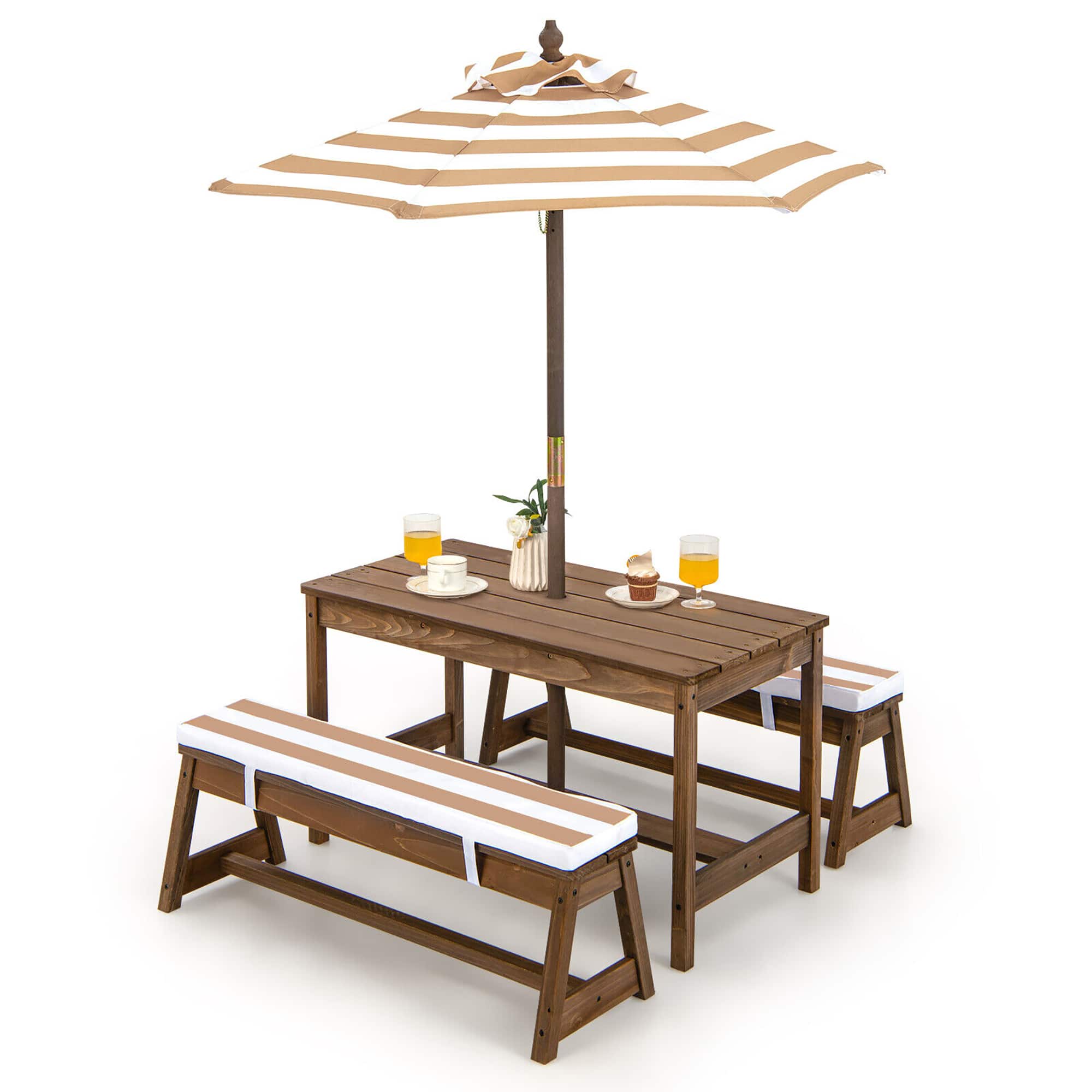 Gymax - Kids Wood Picnic Table and Bench Set w/ Cushions Umbrella for Indoor Outdoor - Brown