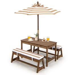 Gymax - Kids Wood Picnic Table and Bench Set w/ Cushions Umbrella for Indoor Outdoor - Brown