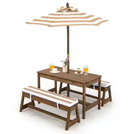 Front. Gymax - Gymax Kids Wood Picnic Table and Bench Set w/ Cushions Umbrella for Indoor Outdoor Brown - Brown.