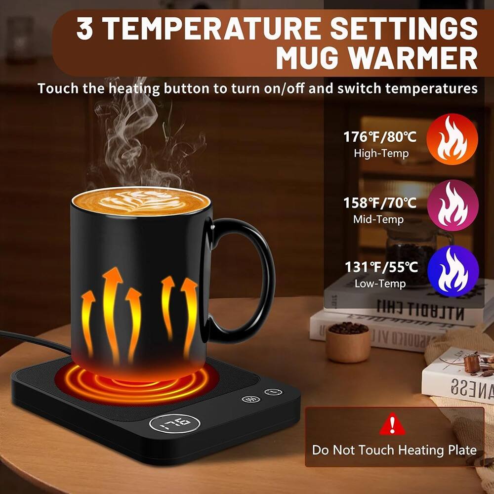 3 TEMPERATURE SETTINGS MUG WARMER

Touch the heating button to turn on/off and switch temperatures

- 176°F/80°C High-Temp
- 158°F/70°C Mid-Temp
- 131°F/55°C Low-Temp

Do Not Touch Heating Plate