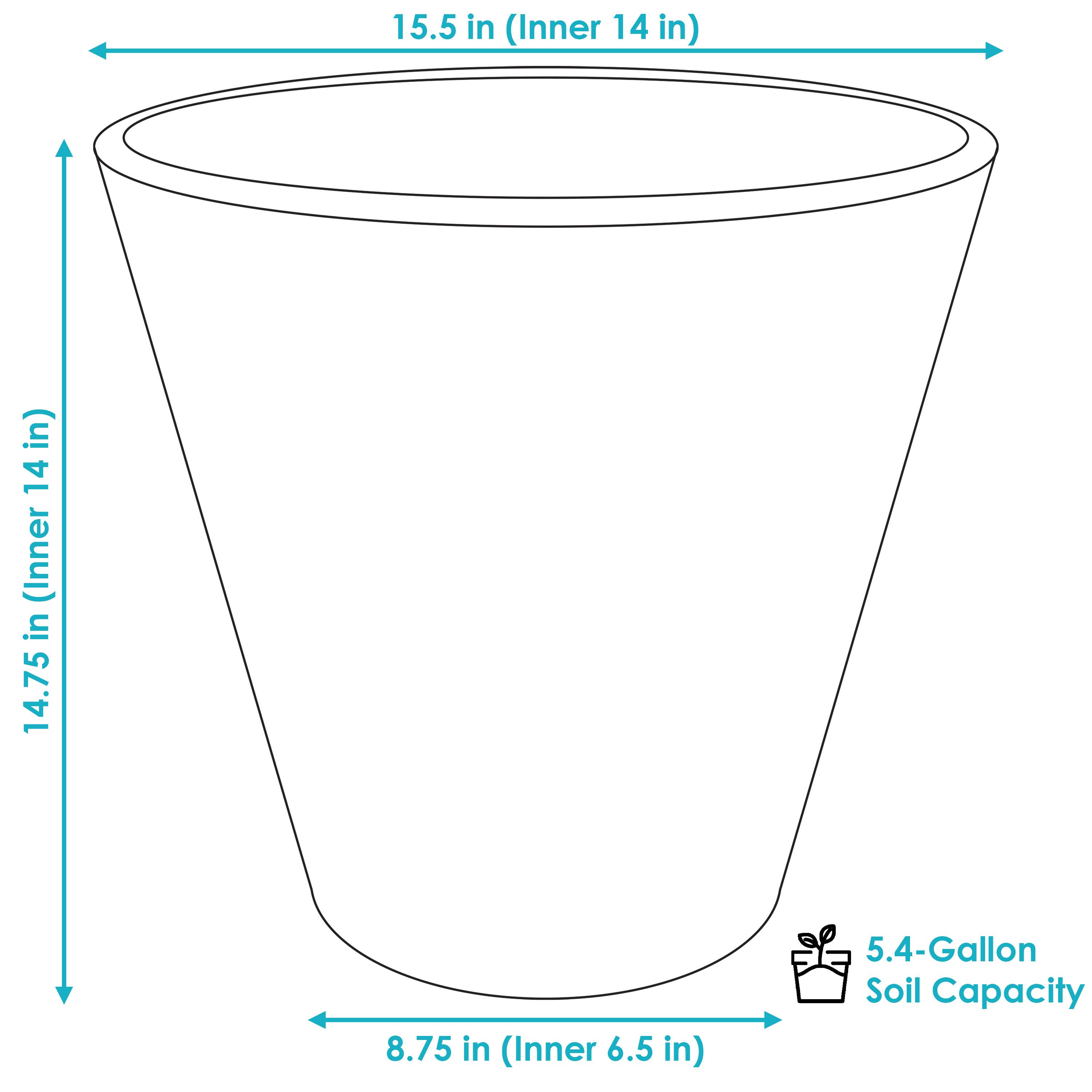15.5 in (Inner 14 in)  
14.75 in (Inner 14 in)  
8.75 in (Inner 6.5 in)  
5.4-Gallon Soil Capacity