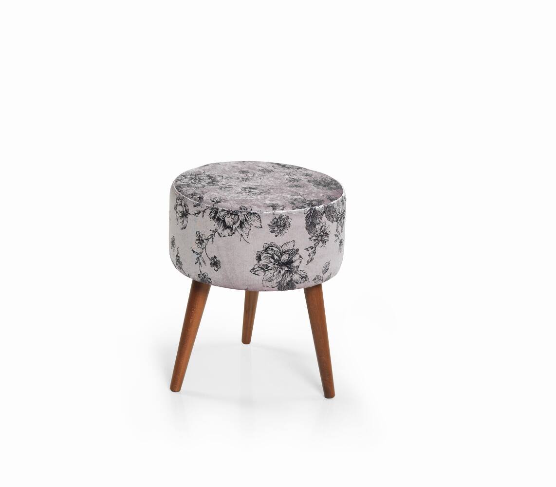 Left. Tiramisubest - Charming 3-Leg Wood Ottoman with Patterned Cushion - Ivory Grey - Ivory.