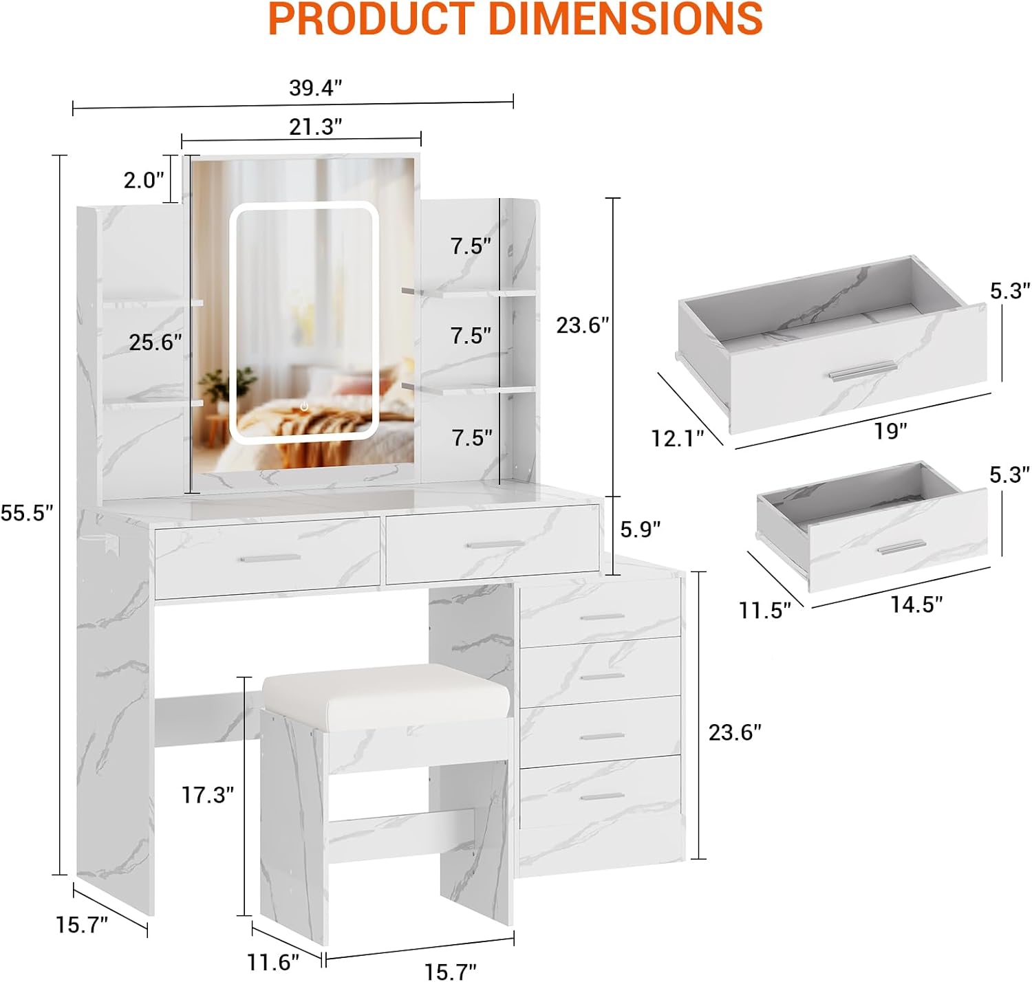 PRODUCT DIMENSIONS

- 39.4"
- 21.3"
- 2.0"
- 25.6"
- 7.5"
- 7.5"
- 7.5"
- 23.6"
- 12.1"
- 55.5"
- 5.9"
- 17.3"
- 15.7"
- 11.6"
- 15.7"
- 19"
- 5.3"
- 5.3"
- 11.5"
- 14.5"
- 23.6"
