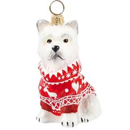 Joy to the World Collectibles - Joy to the World West Highland Terrier Westie in Nordic Sweater Polish Glass Christmas Ornament - White