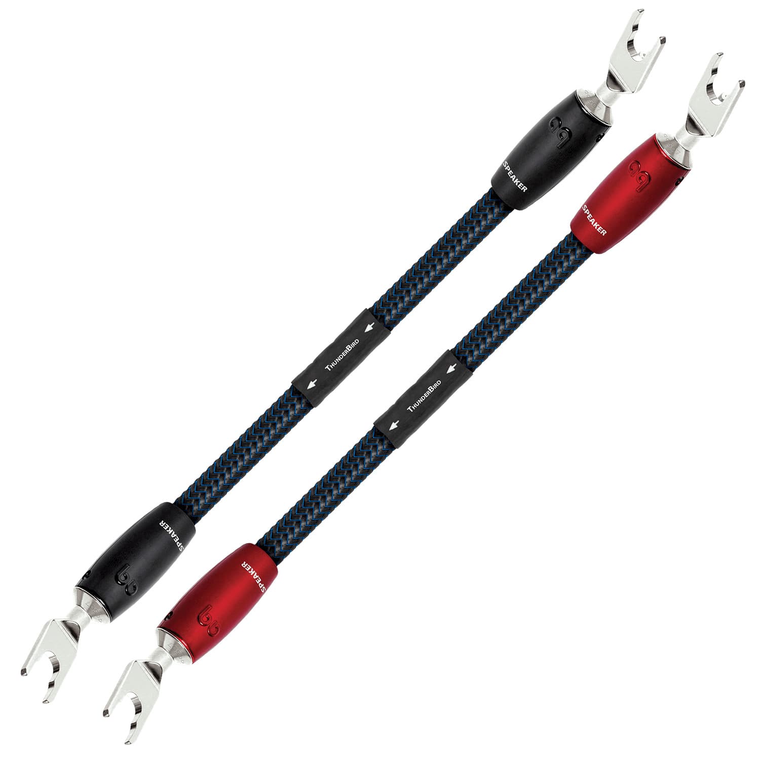 AudioQuest - ThunderBird BiWire Jumpers 0.7' w/ 500 Series Connectors with Multi-Spade to Multi-Spade Connectors - Blue on Black - Front_Zoom