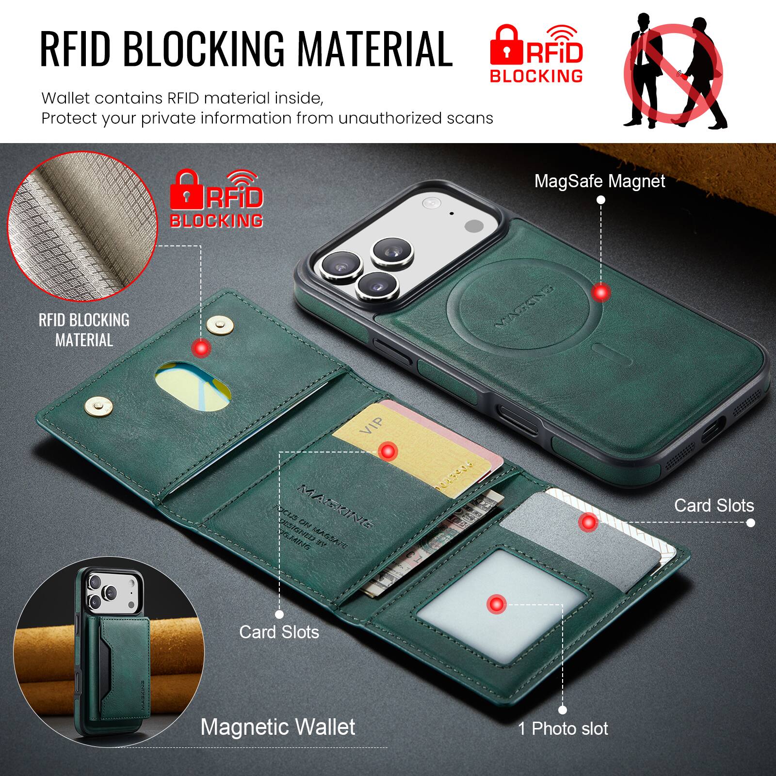 RFID BLOCKING MATERIAL

Wallet contains RFID material inside, Protect your private information from unauthorized scans

RFID BLOCKING MATERIAL

MagSafe Magnet

Card Slots

Card Slots

Magnetic Wallet

1 Photo slot