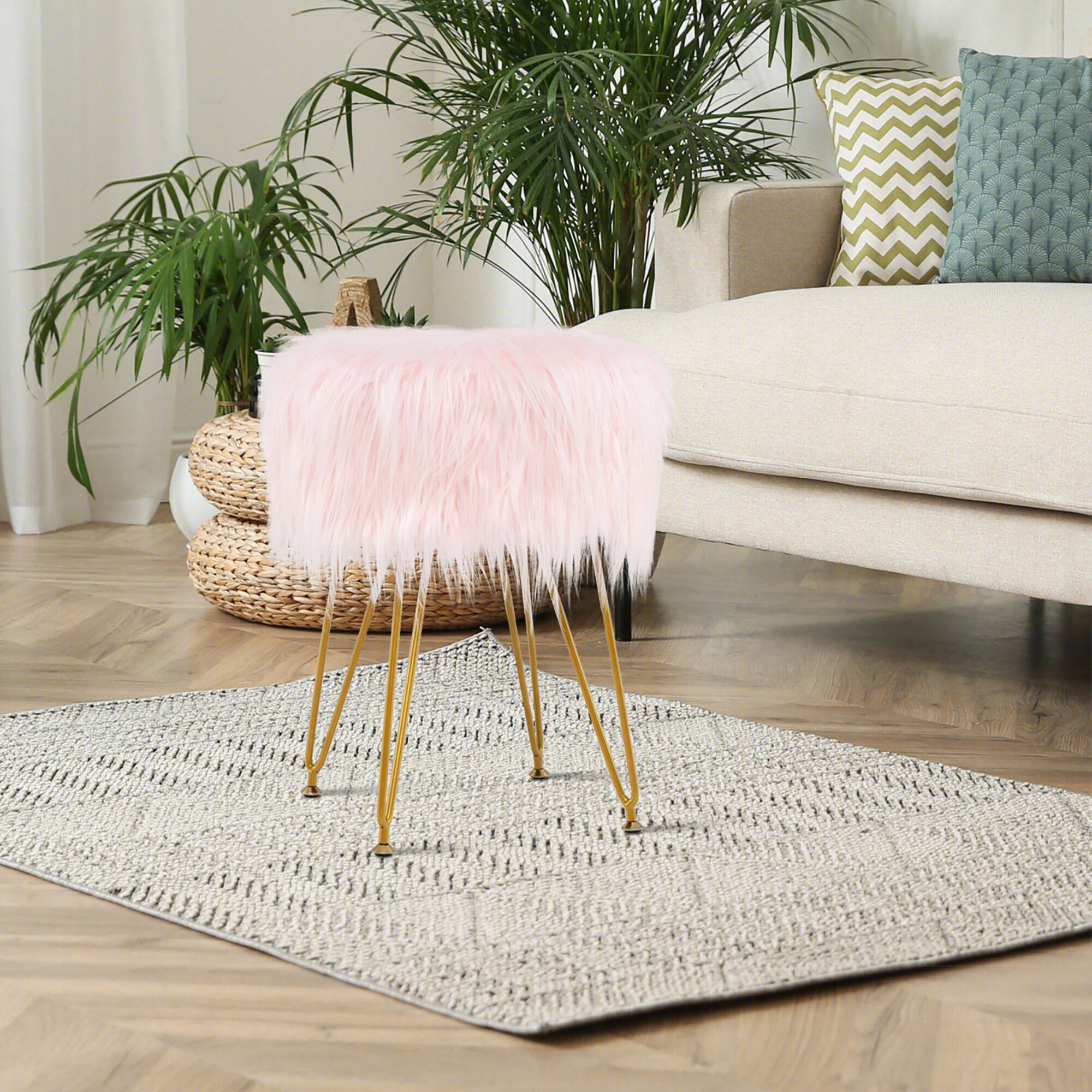Alt View 4. Gymax - Gymax Vanity Chair Makeup Stool Furry Padded Seat Round Ottoman Pink - Pink.