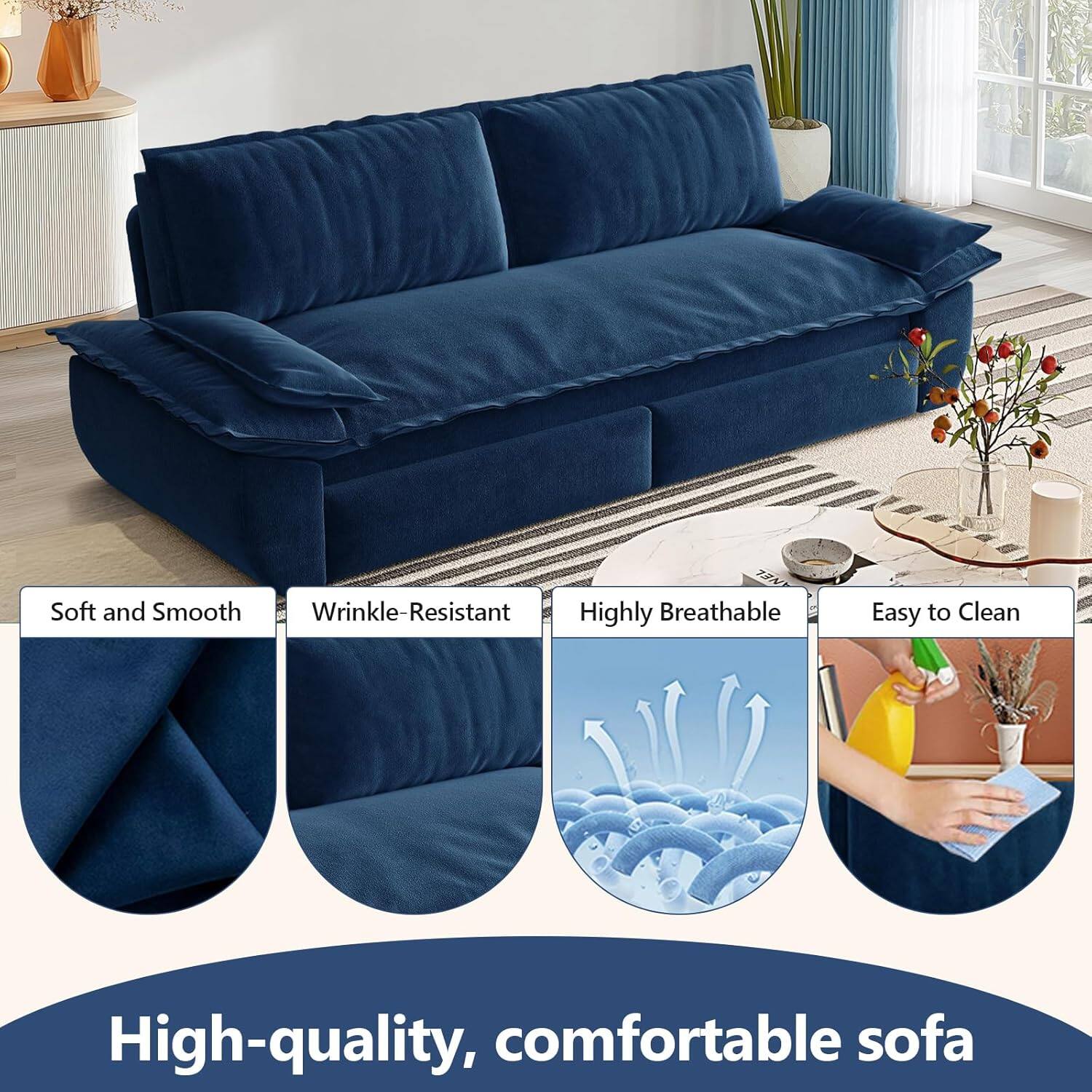 Soft and Smooth  
Wrinkle-Resistant  
Highly Breathable  
Easy to Clean  

High-quality, comfortable sofa