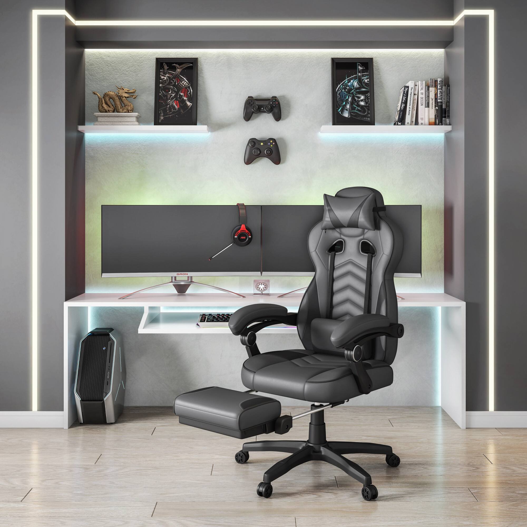 GOODSILO - Premium Fully Reclining Gaming Office Chair with Footrest for Maximum Comfort and Support - Gray