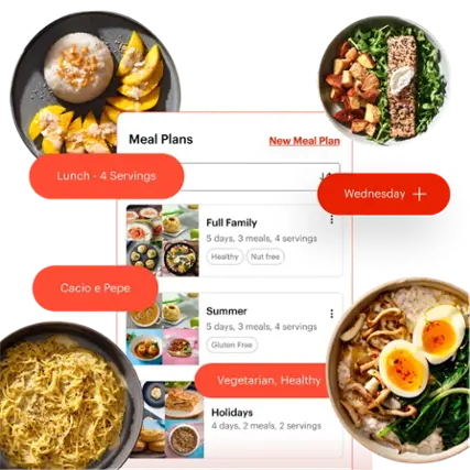 Meal Plans New Meal Plan:
Lunch - 4 Servings:
Wednesday + Full Family:
5 days, 3 meals, 4 servings
Healthy:
Nut free
Cacio e Pepe:
Summer:
5 days, 3 meals, 4 servings
Gluten Free:
Vegetarian, Healthy:
4 days, 2 meals, 2 servings
Holidays: