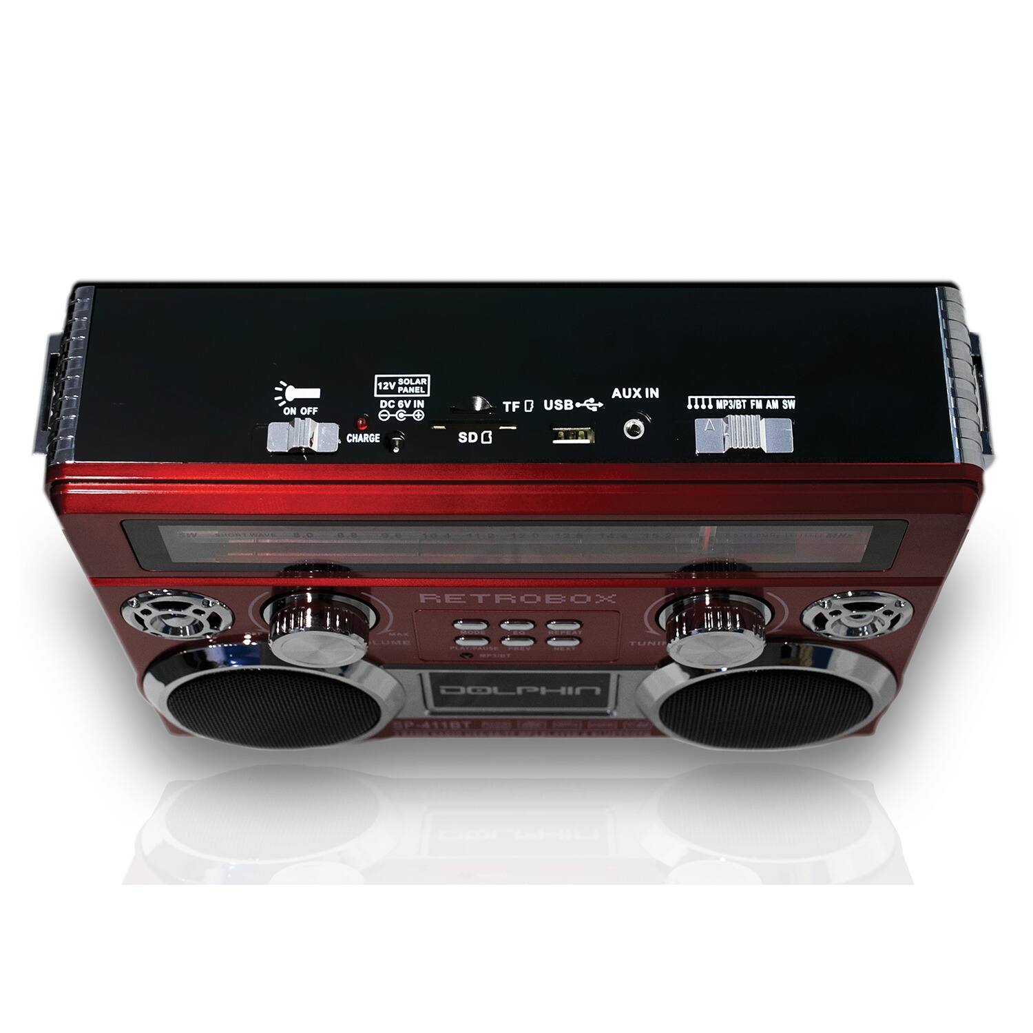 ON OFF  
12V SOLAR  
DC IN  
CHARGE  
SD IN  
TF  
USB  
AUX IN  
MP3/BT FM AM SW  
RETROBOX  
ILLME  
TAPI - DOLPHIN SP4118T