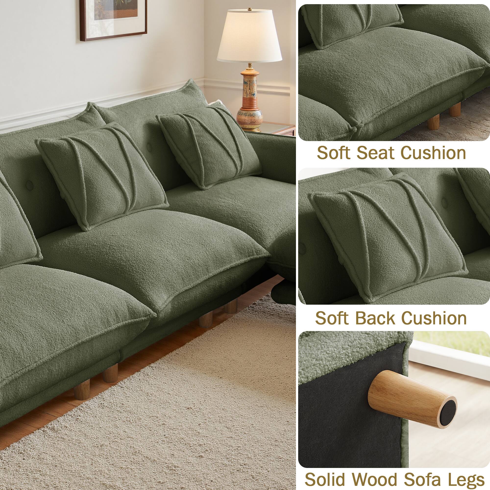 - Soft Seat Cushion
- Soft Back Cushion
- Solid Wood Sofa Legs