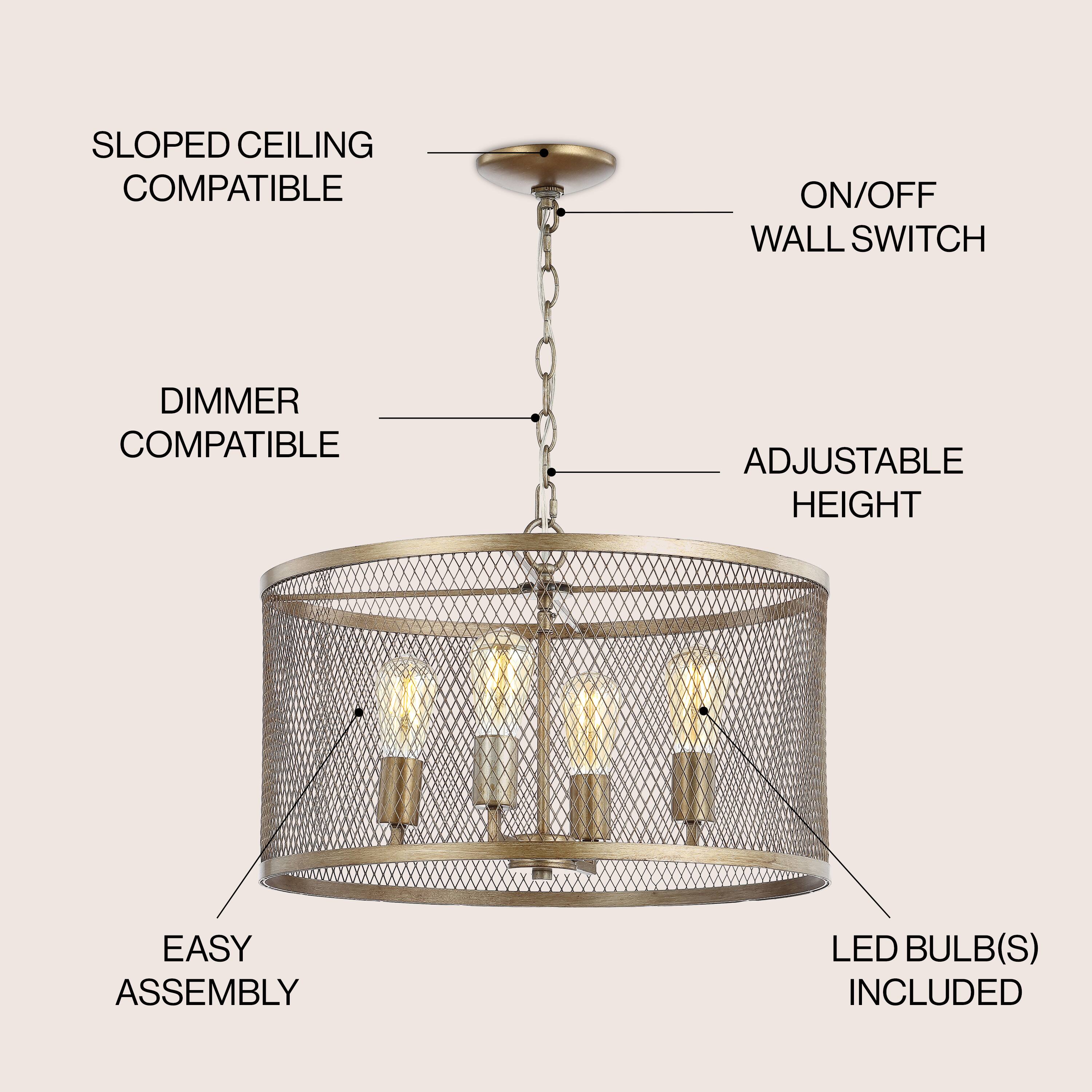 SLOPED CEILING COMPATIBLE  
ON/OFF WALL SWITCH  
DIMMER COMPATIBLE  
ADJUSTABLE HEIGHT  
EASY ASSEMBLY  
LED BULB(S) INCLUDED