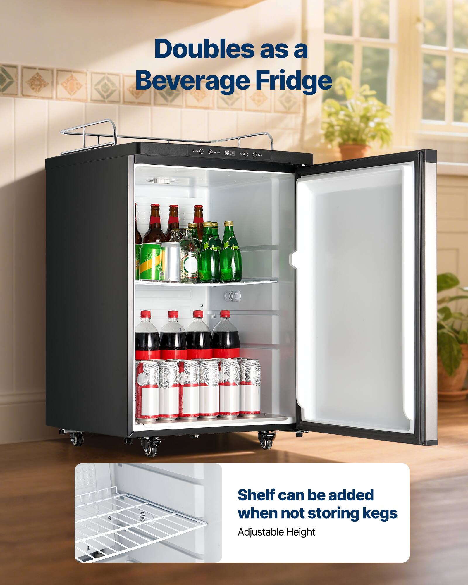 Doubles as a Beverage Fridge

Shelf can be added when not storing kegs

Adjustable Height