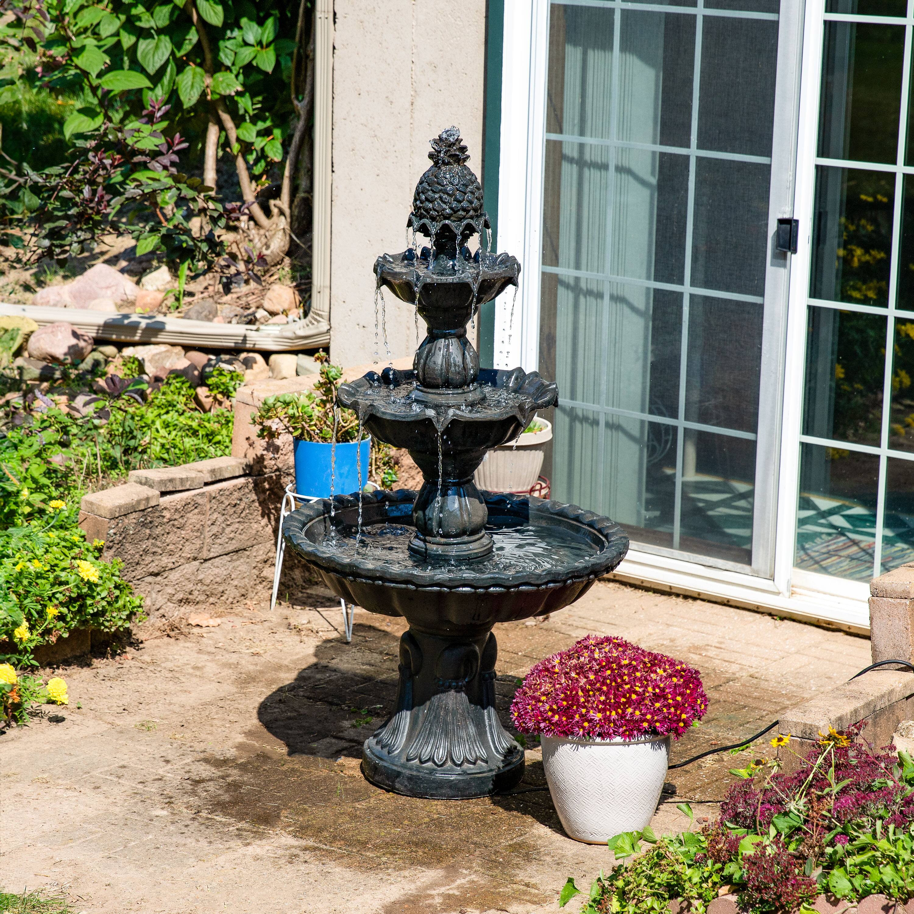 Alt View 2. Sunnydaze - Welcome Fiberglass Outdoor 3-Tier Water Fountain - Deep Espresso.
