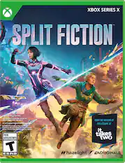 Split Fiction is a video game that is part of the Xbox Series X. It is a two-player co-op game, which means that only two people can play together. The game has age restrictions that may apply to its online features. The back of the game box provides more information about these restrictions. Split Fiction is created by Hazelight, and it is an original game from EA Originals.