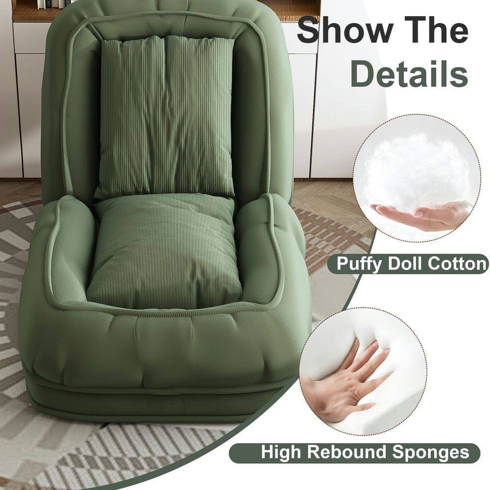 Back. Kadyn - Upholstered Bed for Adult, Foldable Lazy Sofa Bed with 5 Adjustable Position, Includes 2 Soft Pillows, Green - Green.