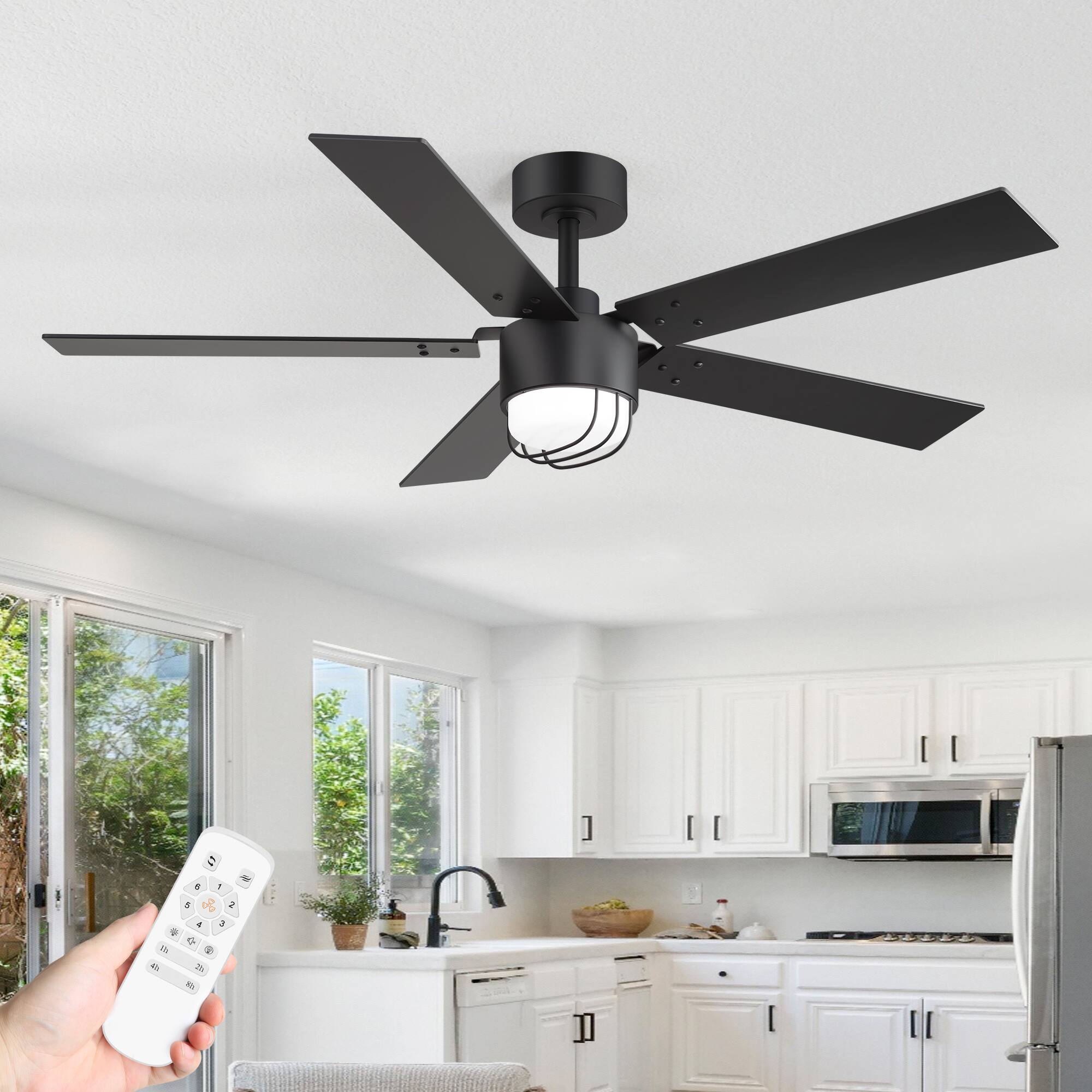 Back. Breezary - 52-Inch Modern Ceiling Fan with LED Light & Remote, 6'' Downrod, 5 Reversible Blades, 6-Speed DC Motor, Timer, 6-Speed - black.