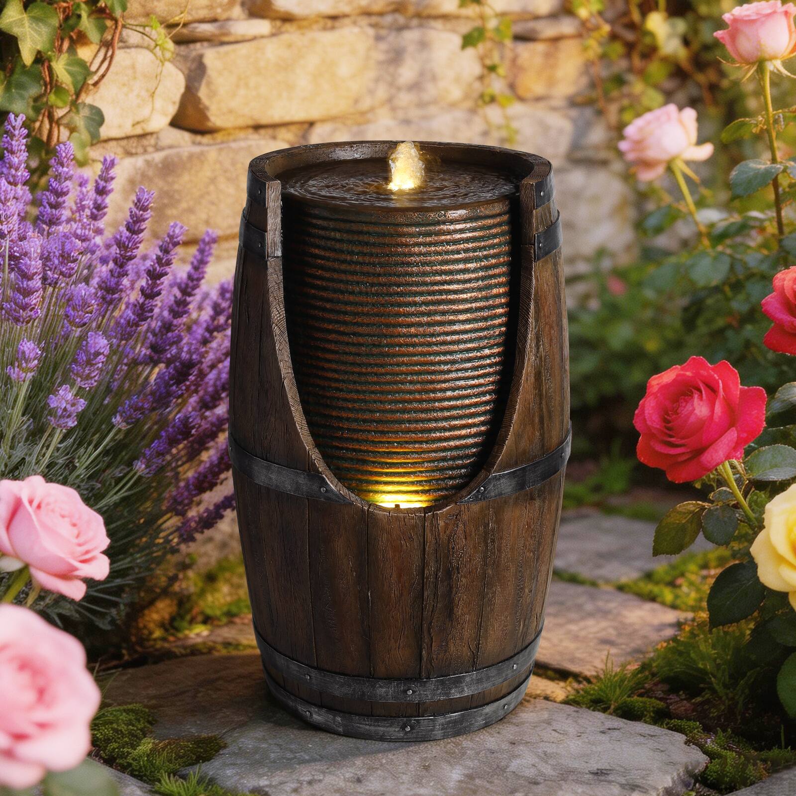 Angle. Anysun - Outdoor Barrel Water Fountain with Lights – Rustic Wood Look Resin Handmade Waterfall Garden Decor for Patio, Yard - Brown Gray.