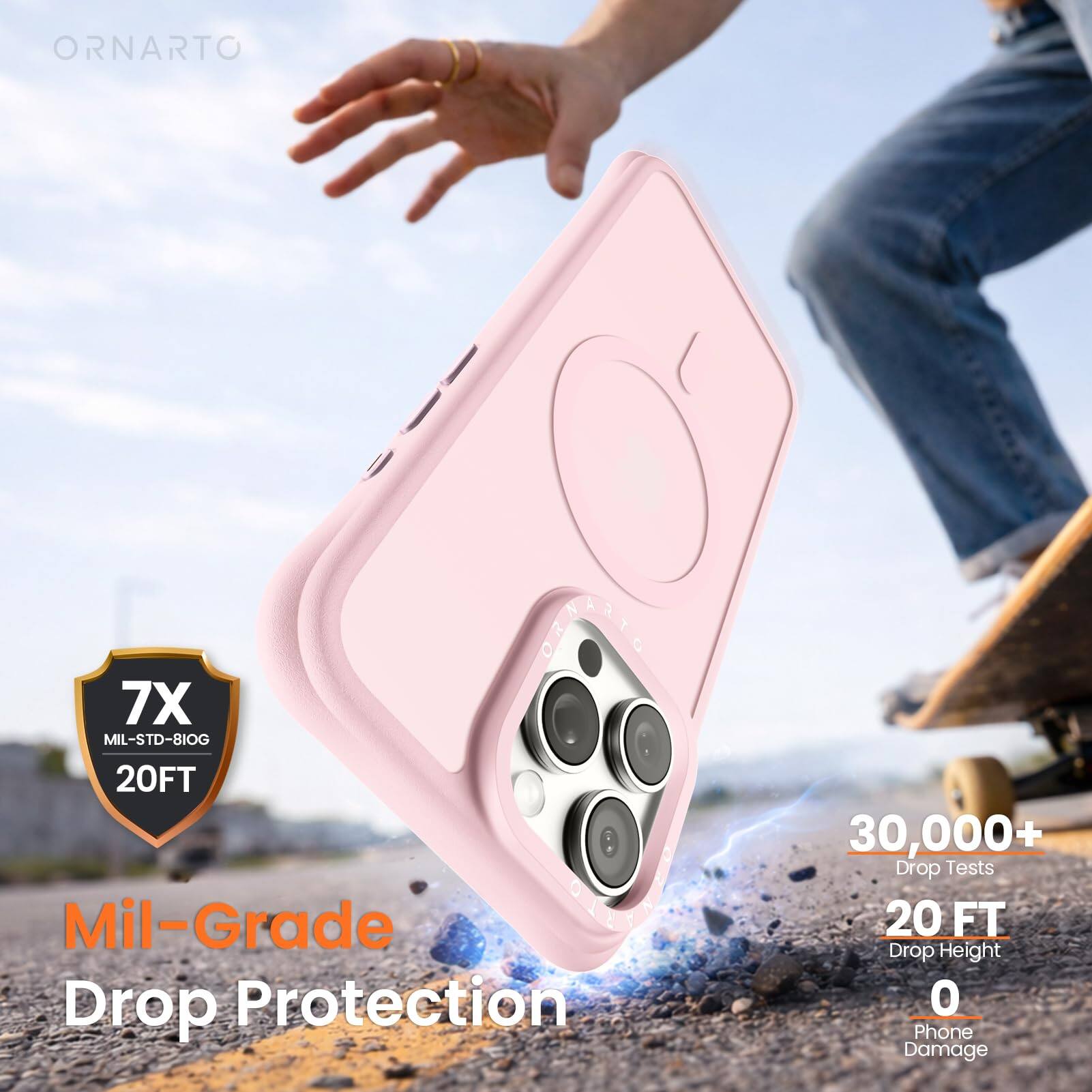 ORNARTO S 7X MIL-STD-810G 20FT Mil-Grade Drop Protection 30,000+ Drop Tests 20 FT Drop Height 0 Phone Damage