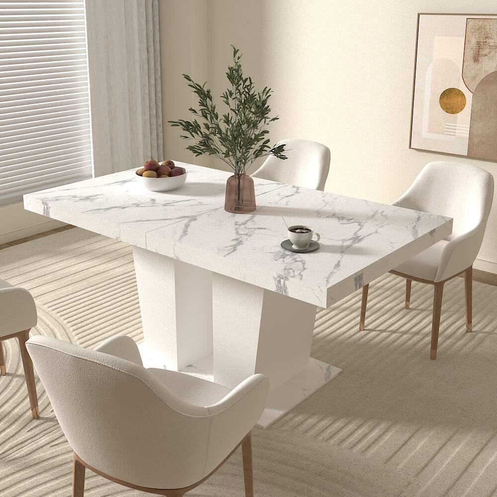 Angle. Tiramisubest - Modern Extendable Dining Table for 4-10, White Faux Marble Wooden Rectangle Table with Dual Column Pedestal Base - White Marble.