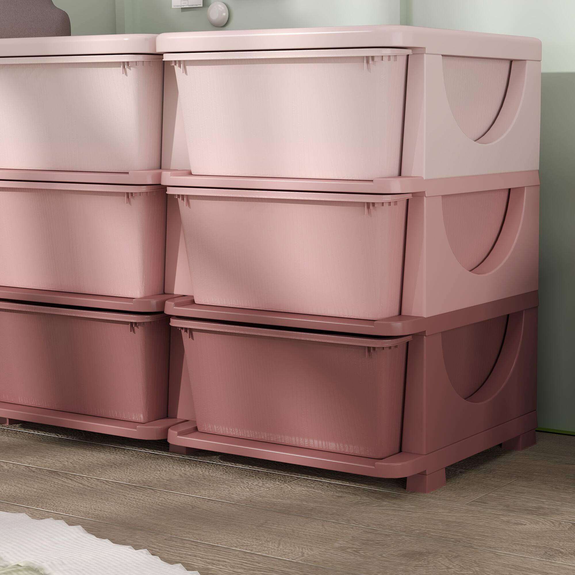 Alt View 5. Qaba - 3 Tier Kids Storage Unit, 9 Drawer Chest Toy Organizer, Plastic Bins, Bedroom, Nursery, Living Room, Toddlers - Pink.