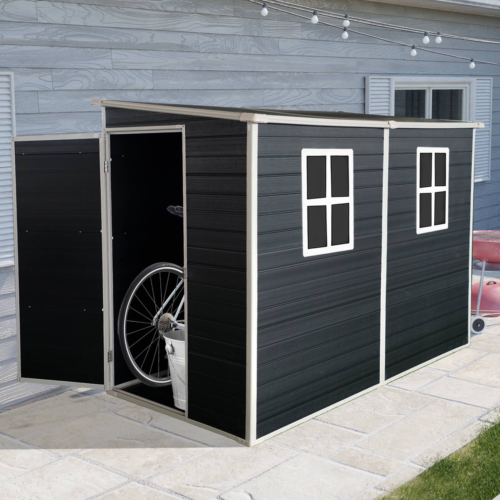 Left. Mondawe - 4x8ft Outdoor Storage Shed with Floor Resin shed with Two-Window - Black.