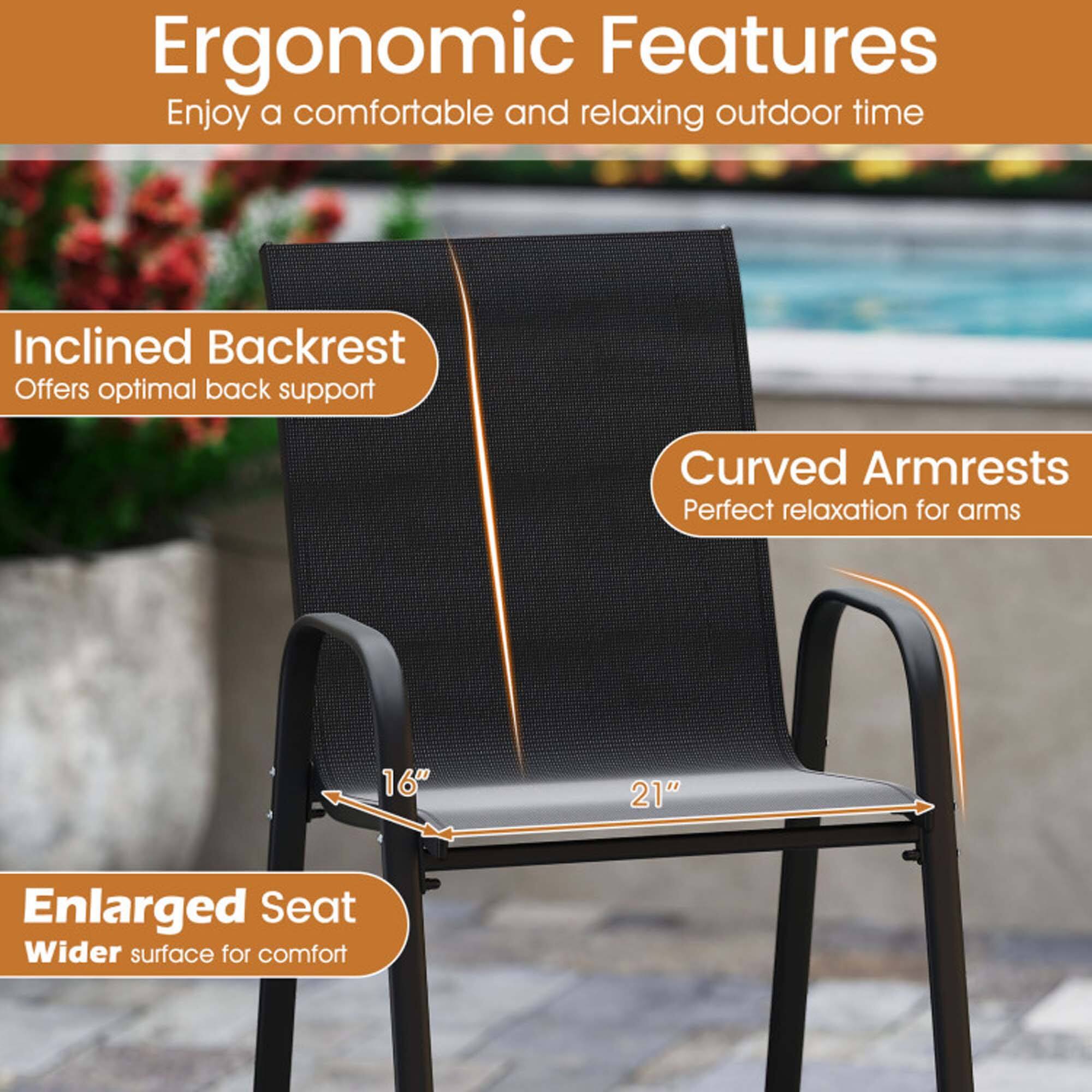Ergonomic Features  
Enjoy a comfortable and relaxing outdoor time  

- Inclined Backrest  
  Offers optimal back support  

- Curved Armrests  
  Perfect relaxation for arms  

- Enlarged Seat  
  Wider surface for comfort  

16" x 21"