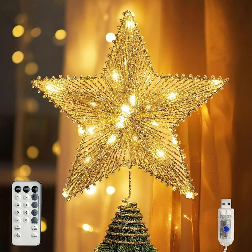 PARKER SLATER - Star Tree Topper – 50 Warm White LEDs, Glitter Xmas Holiday Decor - Gold