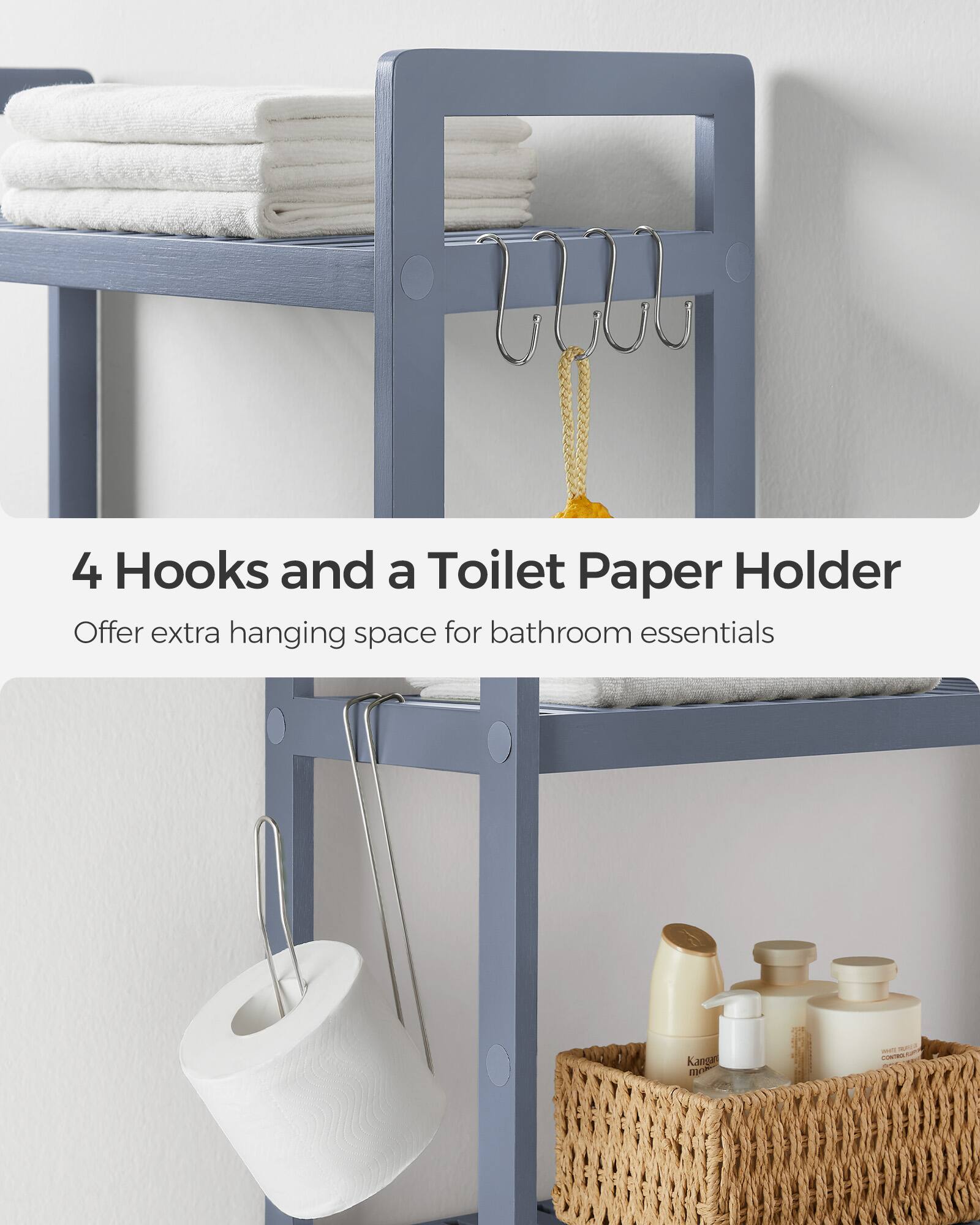 4 Hooks and a Toilet Paper Holder  
Offer extra hanging space for bathroom essentials