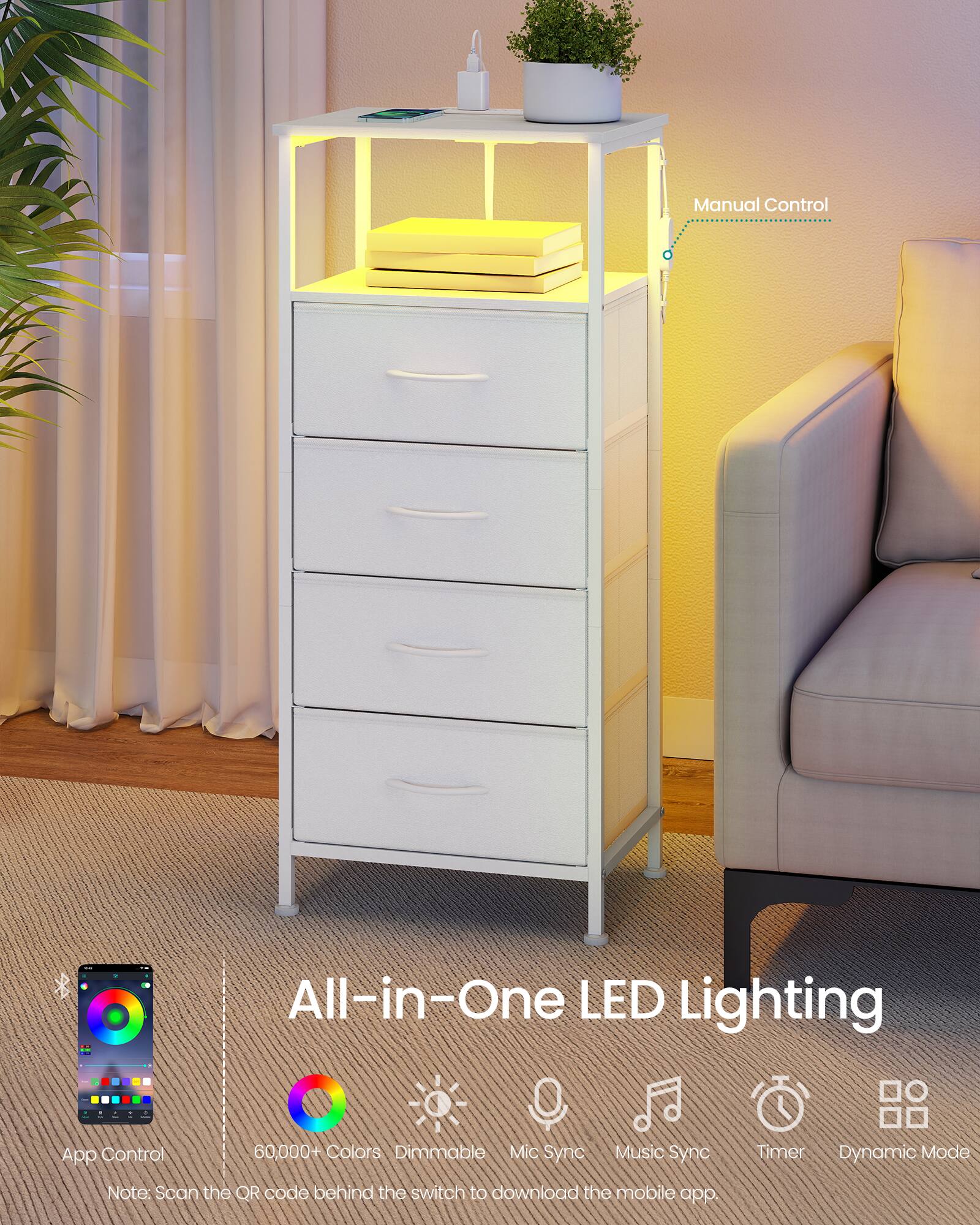 Manual Control

All-in-One LED Lighting

App Control
60,000+ Colors
Dimmable
Mic Sync
Music Sync
Timer
Dynamic Mode

Note: Scan the QR code behind the switch to download the mobile app.