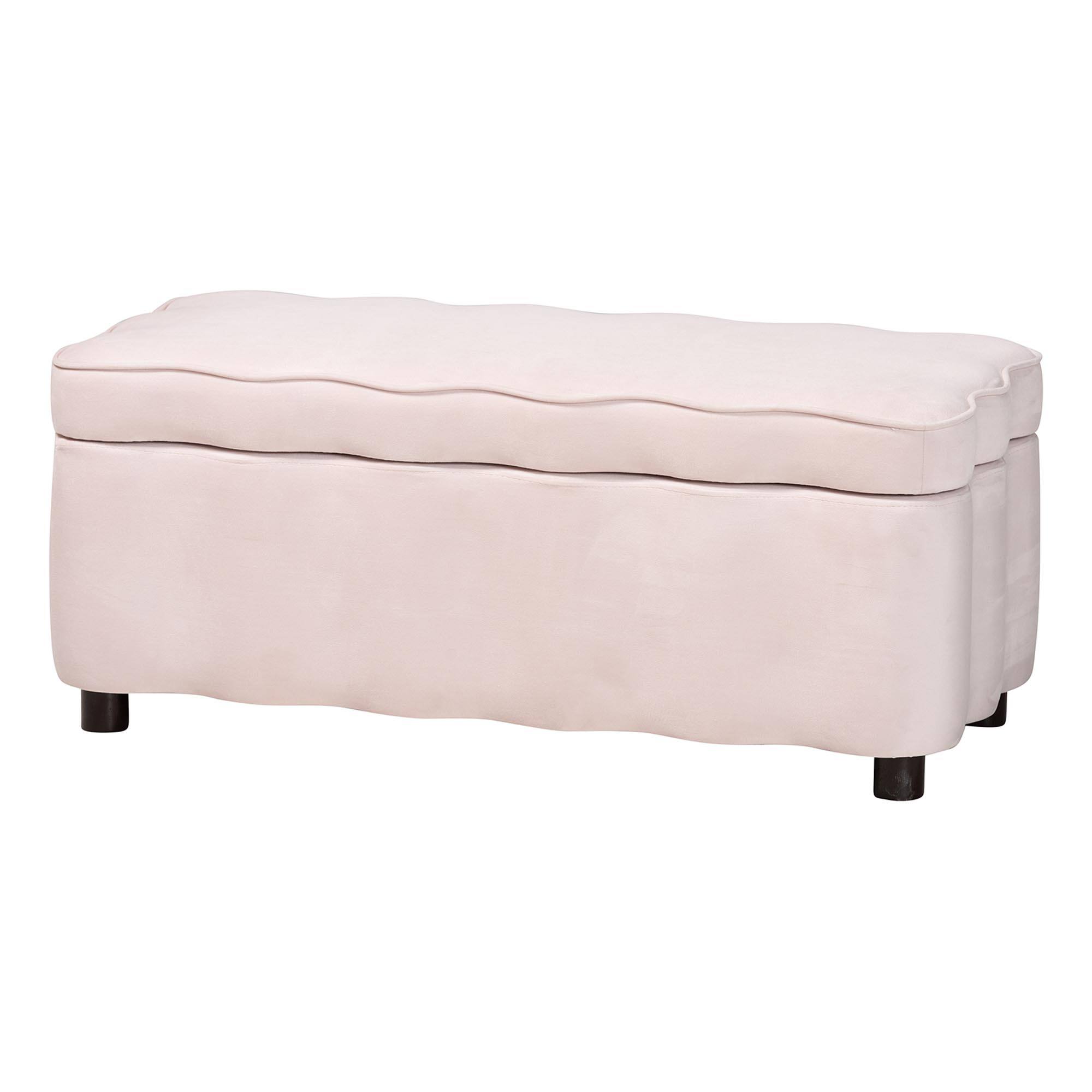 Front. Baxton Studio - Paulina Velvet Storage Bench - Lift Top Accent Bench with Interior Storage and Scalloped Outline - Light Pink/Black.