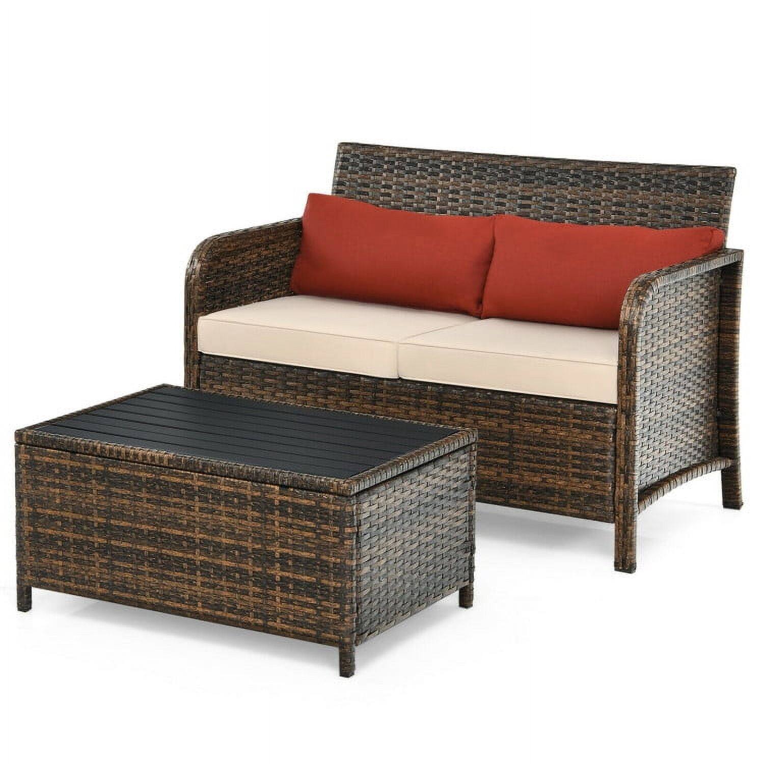 Alt View 5. Kadyn - 2 Pieces Cushioned Patio Rattan Furniture Set with Coffee Table and Washable Cushion for Yard Porch-Red - Red.