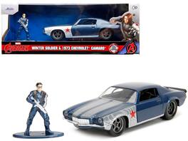 Jada - 1973 Chevrolet Camaro 1/32 Diecast Dark Blue Metallic Gray Stripes with Winter Soldier Figure "Marvel Avengers" Series - Dark Blue Metallic With Gray